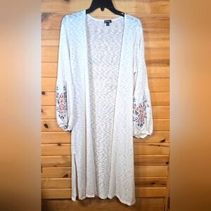 Knit Maxi Cardigan Duster Sweater Cream Embroidered Long Sleeve Boho Womens XL